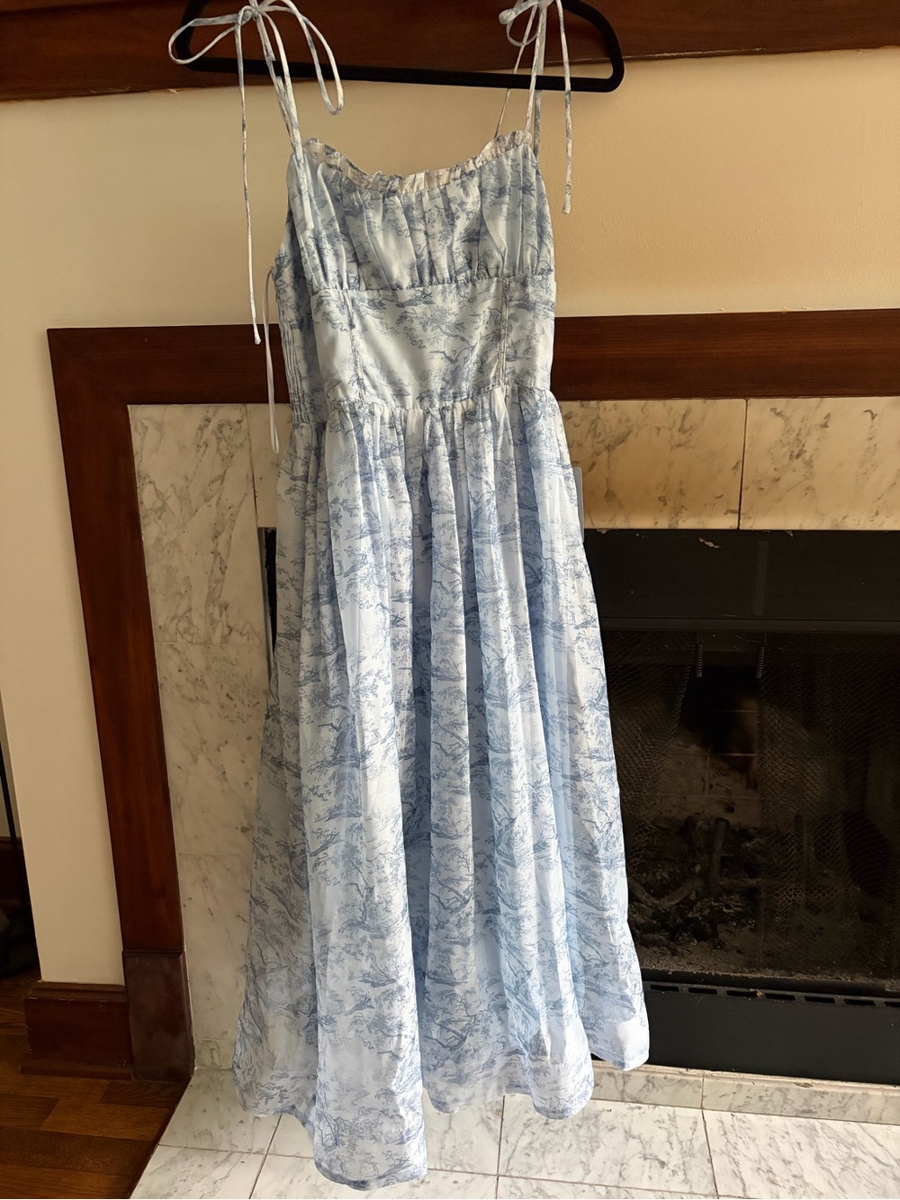 Lush Light Blue Toile Tie-Strap Smocked Maxi Dress